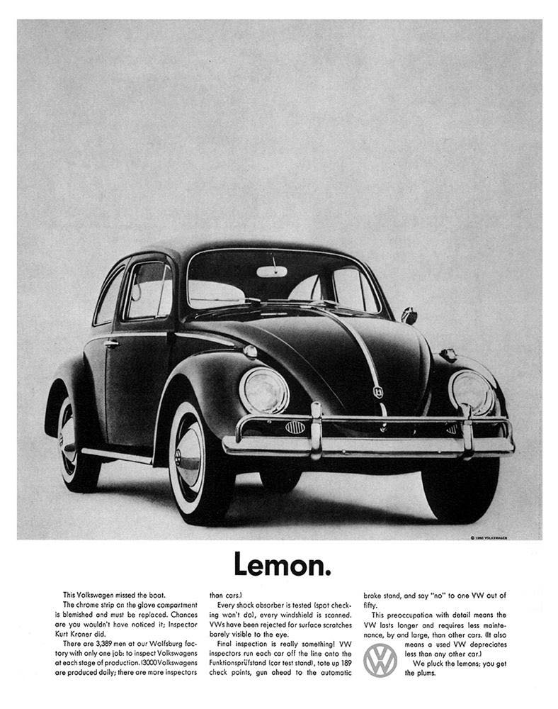 Volkswagen advertisement of 1959. Picture of a car whit text under it.